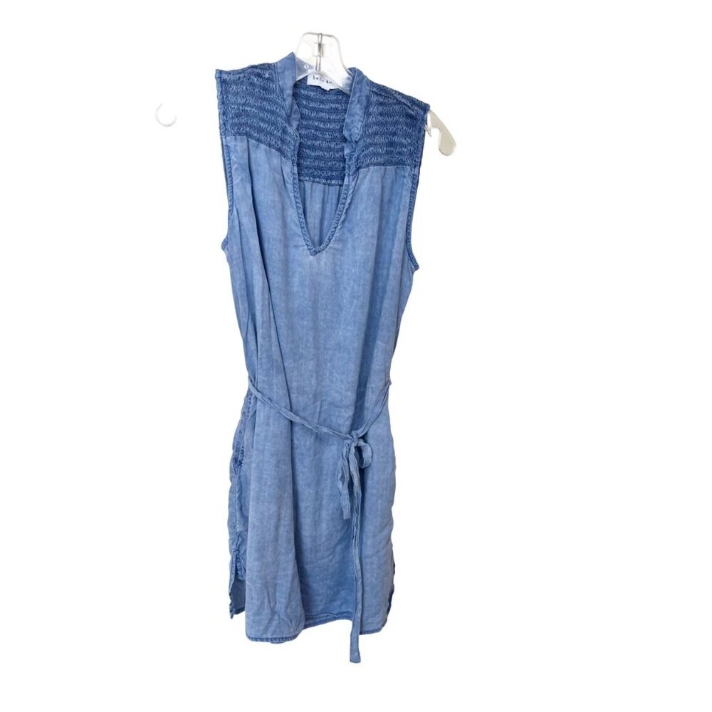 Bella Dahl Blue Lyocell Chambray Smocked Mini Dress Belted Pockets - Size Small